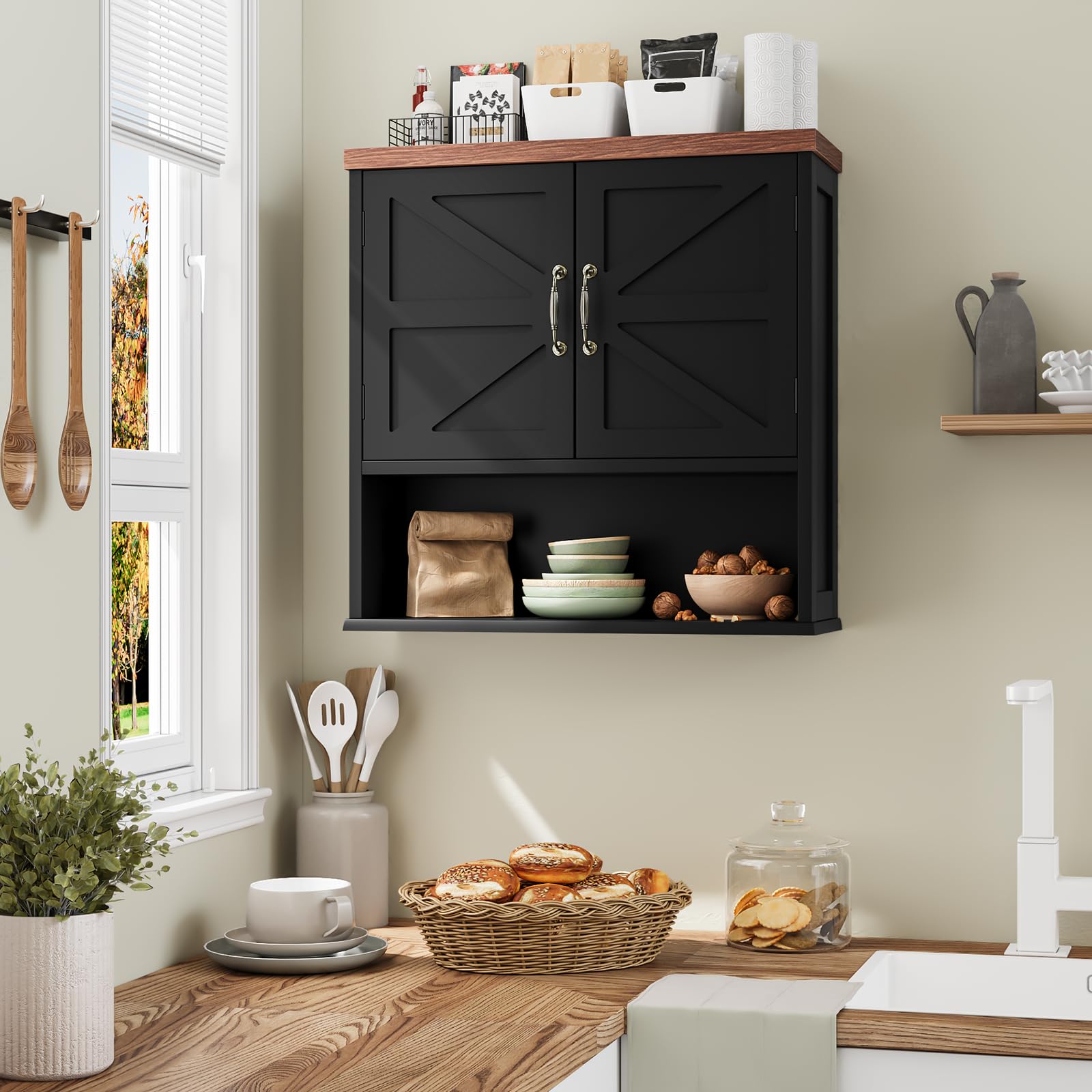 Smuxee Farmhouse Bathroom Cabinet Wall Mounted, Black Medicine Cabinet with Adjustable Shelf, Bathroom Cabinet for Living Room, Laundry Room