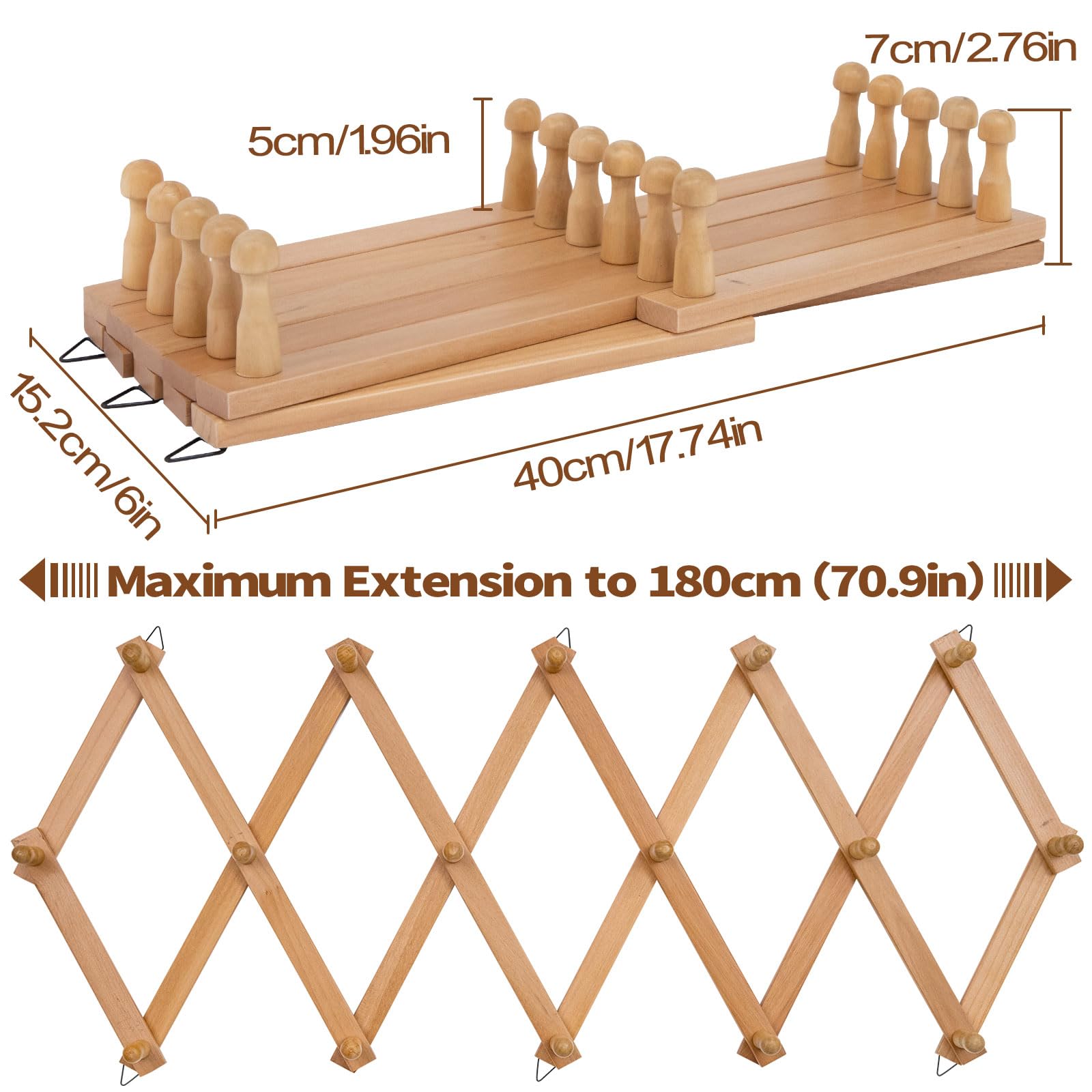 Qiannhee Wall Coat Rack Solid Wood Wooden Coat Hooks Wall Mounted with 16 Pegs Accordion Wall Hanger Extendable Hat Rack for Wall, Living Room
