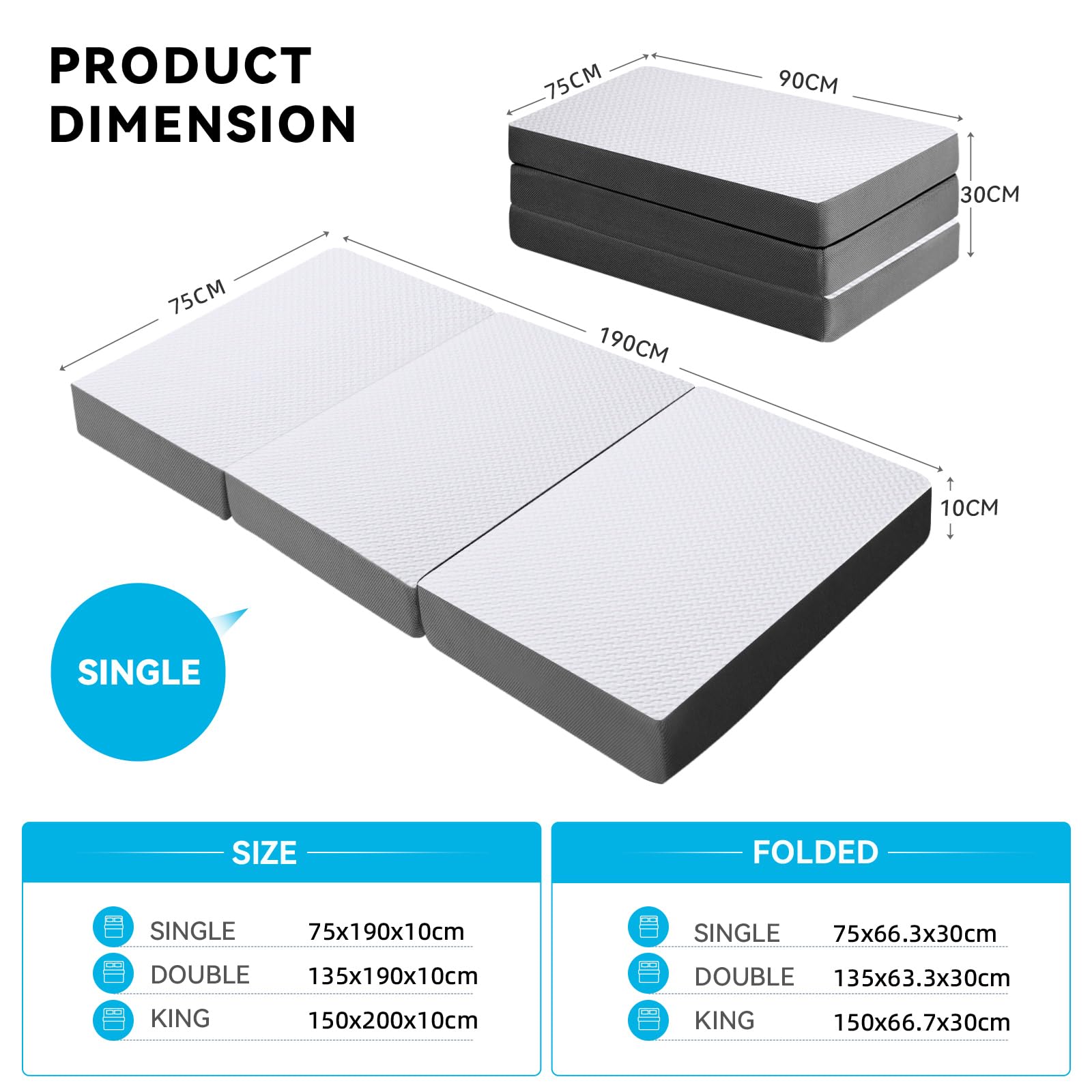 Foldable Folding Mattress Single,Tri-fold Memory Foam Mattress,75x190x10cm