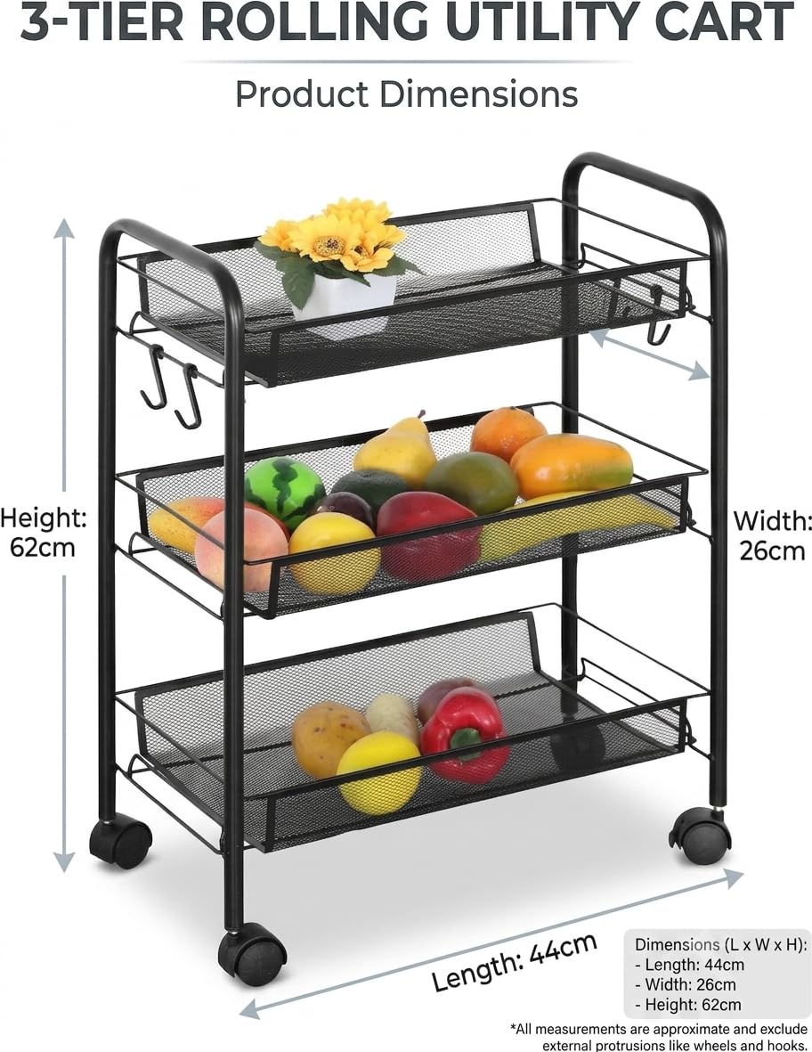 CELINO making your day 3 Tier Kitchen Storage Trolley Cart on Wheels – Metal Mesh Fruit Vegetable Basket Rack Organizer Unit with Side Hanging Hooks