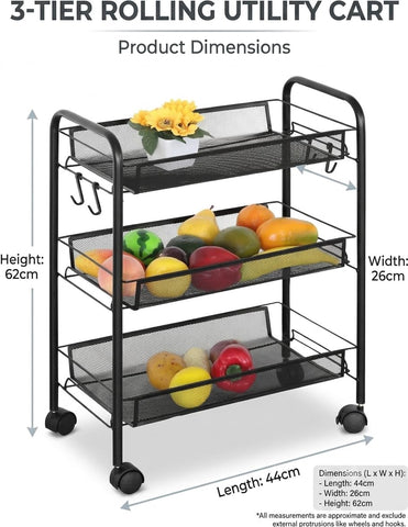 CELINO making your day 3 Tier Kitchen Storage Trolley Cart on Wheels – Metal Mesh Fruit Vegetable Basket Rack Organizer Unit with Side Hanging Hooks