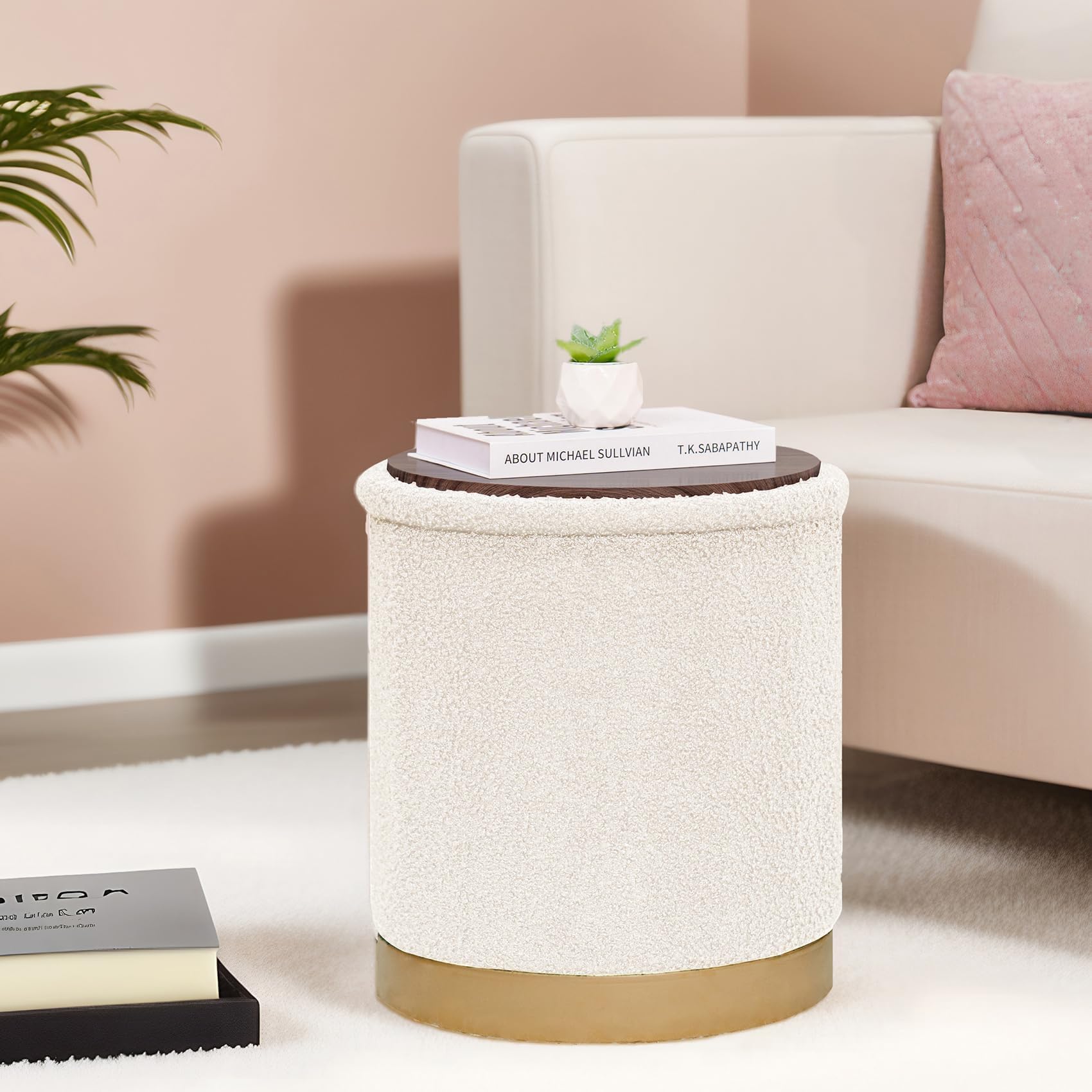 Bonlife Round Ottoman - Coffee Table with Storage, Cream, 37.5x37.5x42.5cm