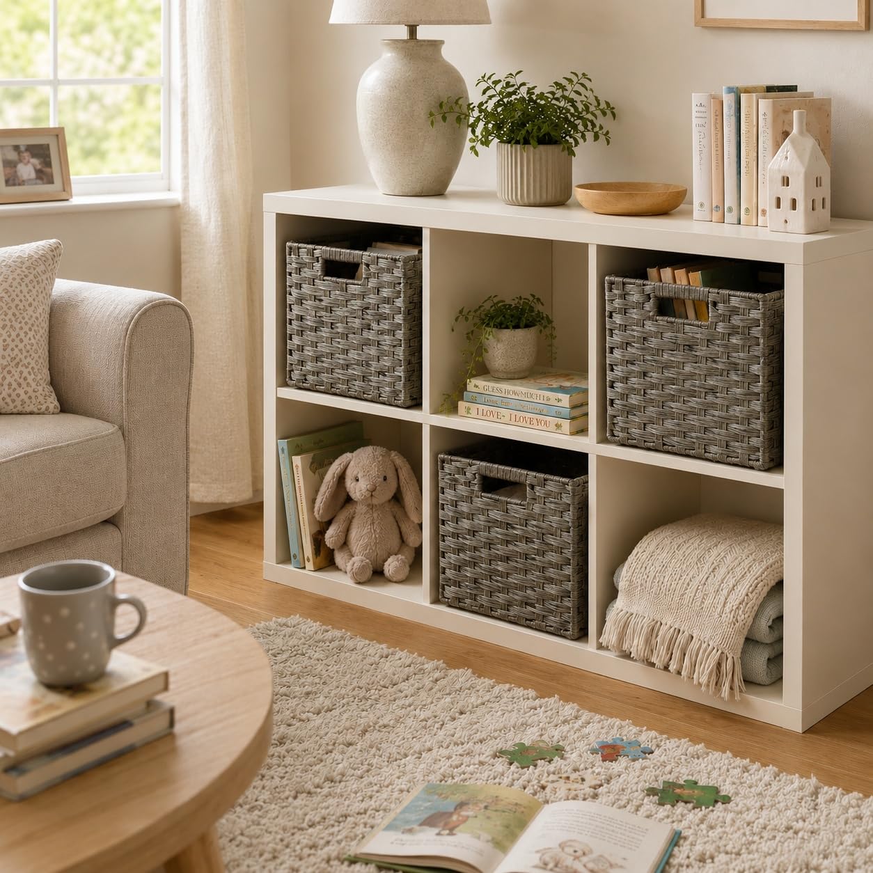 SOCOHOME Cube Storage Box,28x28x28cm Faux Rattan Storage Basket for Toy Clothes Shelf Nursery Closet Waterproof, Non-Mouldy(Grey, 2 Pack)