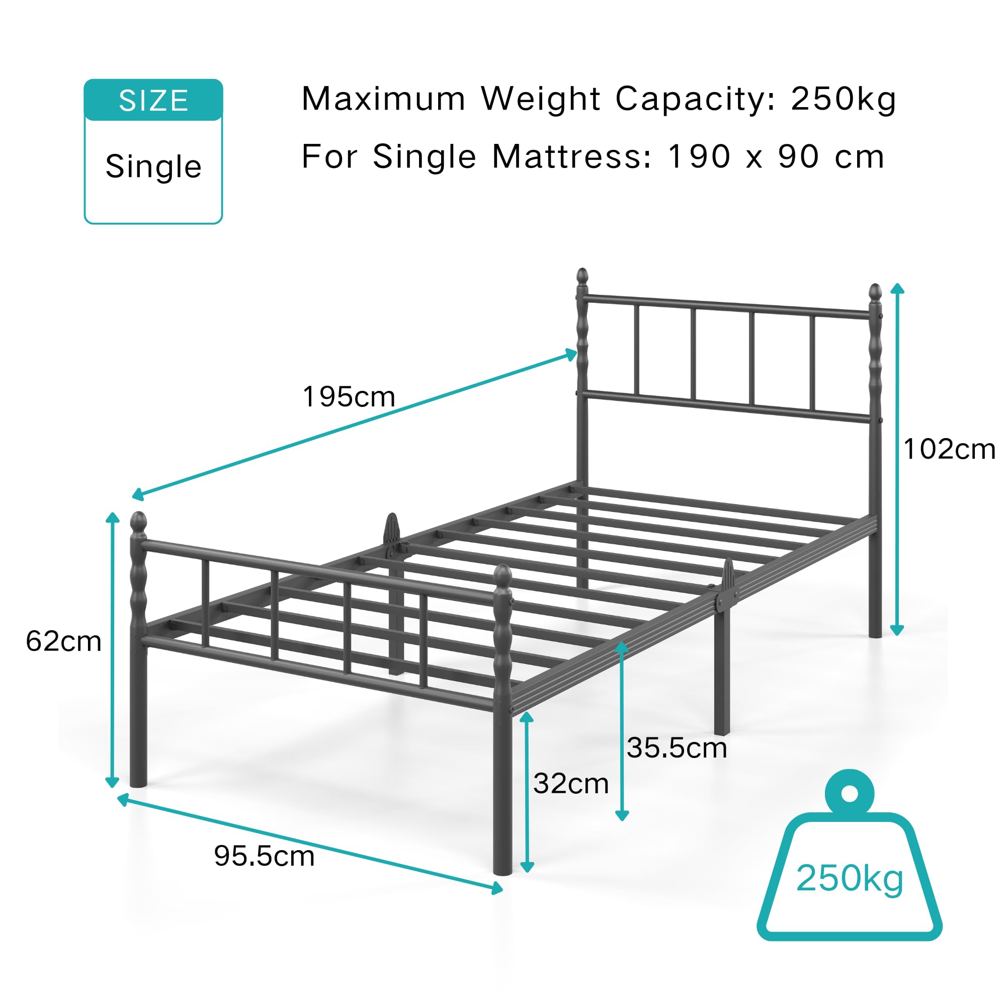 Hunlostten Single Metal Bed Frame - Modern Style Bed Frame with Headboard and Footboard Easy to Install, Noise Free, Sturdy, Black, 35.5 cm High