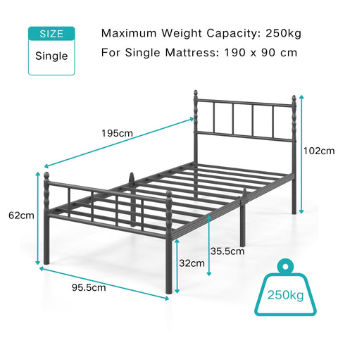 Hunlostten Single Metal Bed Frame - Modern Style Bed Frame with Headboard and Footboard Easy to Install, Noise Free, Sturdy, Black, 35.5 cm High
