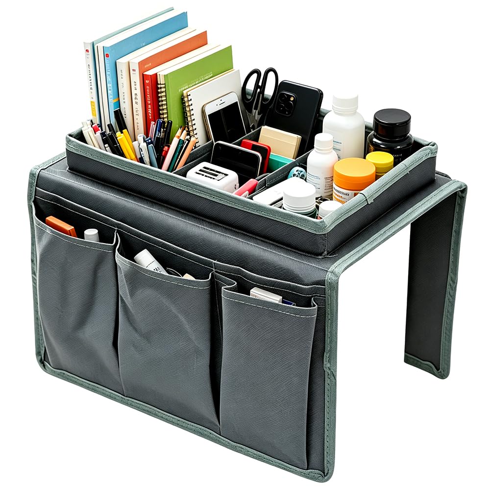 HATFRYF Sofa Arm Chair Tray Organisers Waterproof Non-Slip, Arm Chair Caddy, with 6 Bags, for Magazine, Phone, TV Remote, Drinks, Book, Snacks