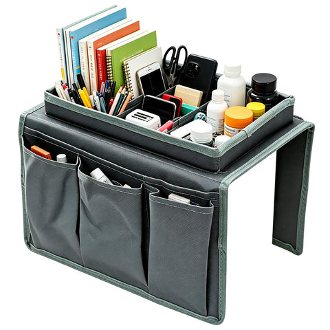 HATFRYF Sofa Arm Chair Tray Organisers Waterproof Non-Slip, Arm Chair Caddy, with 6 Bags, for Magazine, Phone, TV Remote, Drinks, Book, Snacks