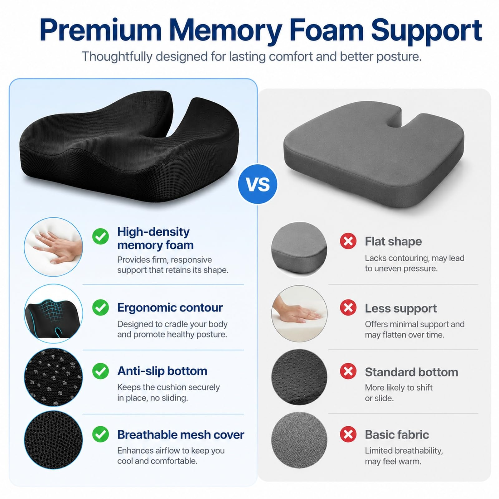 GOOGO Extra Large Coccyx Cushion, Ergonomic Memory Foam Seat Cushion for Tailbone Pain Relief, with Contoured Support