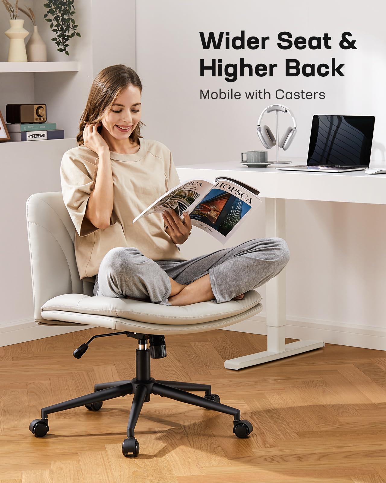 Marsail Vanity Desk Chair with Wheels, Leather Cross Legged office Chair, Height Adjustable Swivel Office Chair for Home Office Makeup Tea Time