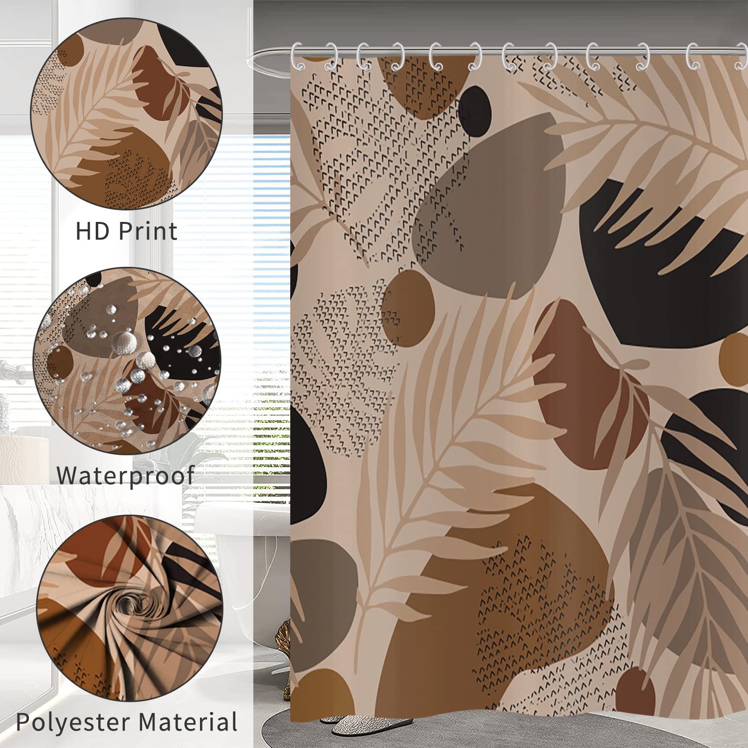 Hnmdmyi Boho Shower Curtain 180x180, Abstract Leaf Plant Brown Bathroom Curtains Mid Century Modern Minimalistic Geometric Aesthetic Art Waterproof