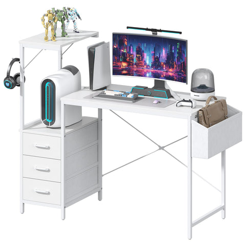 Feonase 47" Computer Desk with 3 Drawers & Shelf, Side Pocket, Dual-Panel 2-in-1 Design, Monitor Riser & Lamp Holder Compatible