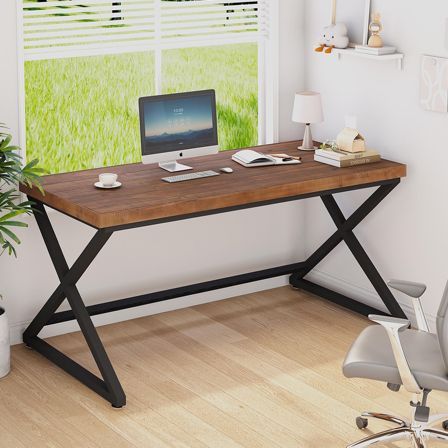 IBF Real Wood Computer Desk, Rustic Solid Wood Home Office Work Desk, Farmhouse WritingDesk for Study