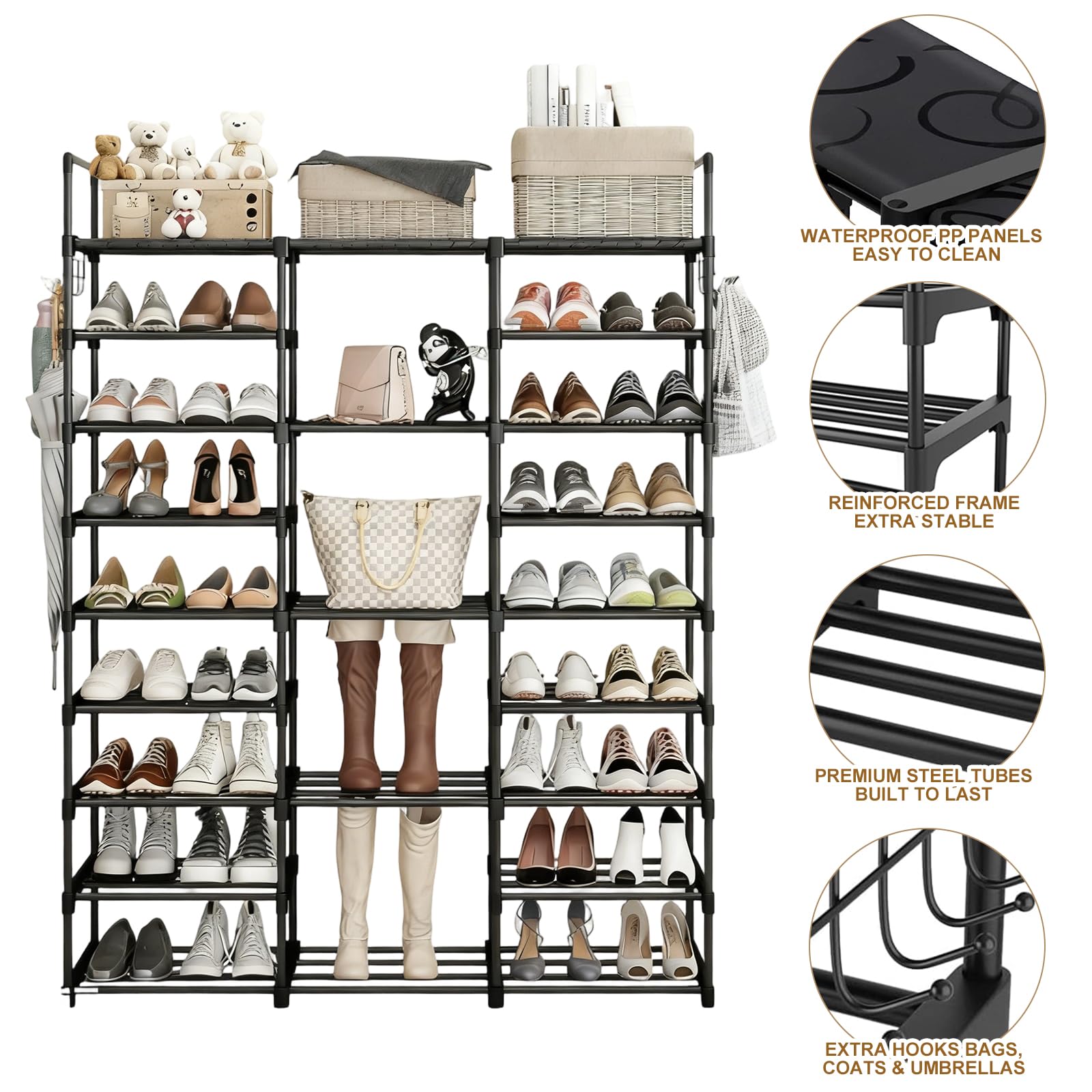 9-Tier Shoe Rack with Telescopic Shoe Horn – Large Capacity Metal Shoe Storage for 50+ Pairs