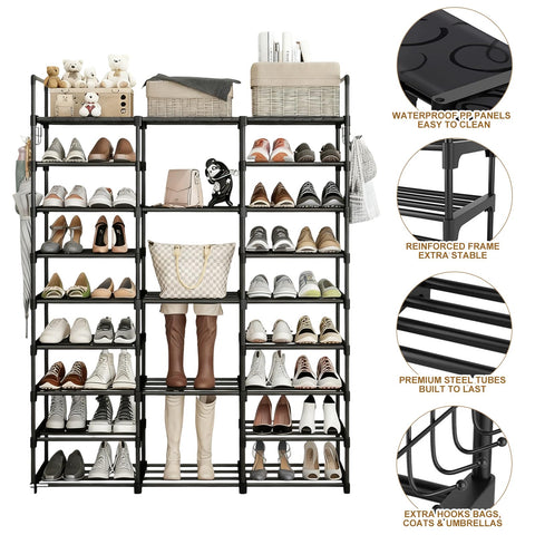 9-Tier Shoe Rack with Telescopic Shoe Horn – Large Capacity Metal Shoe Storage for 50+ Pairs