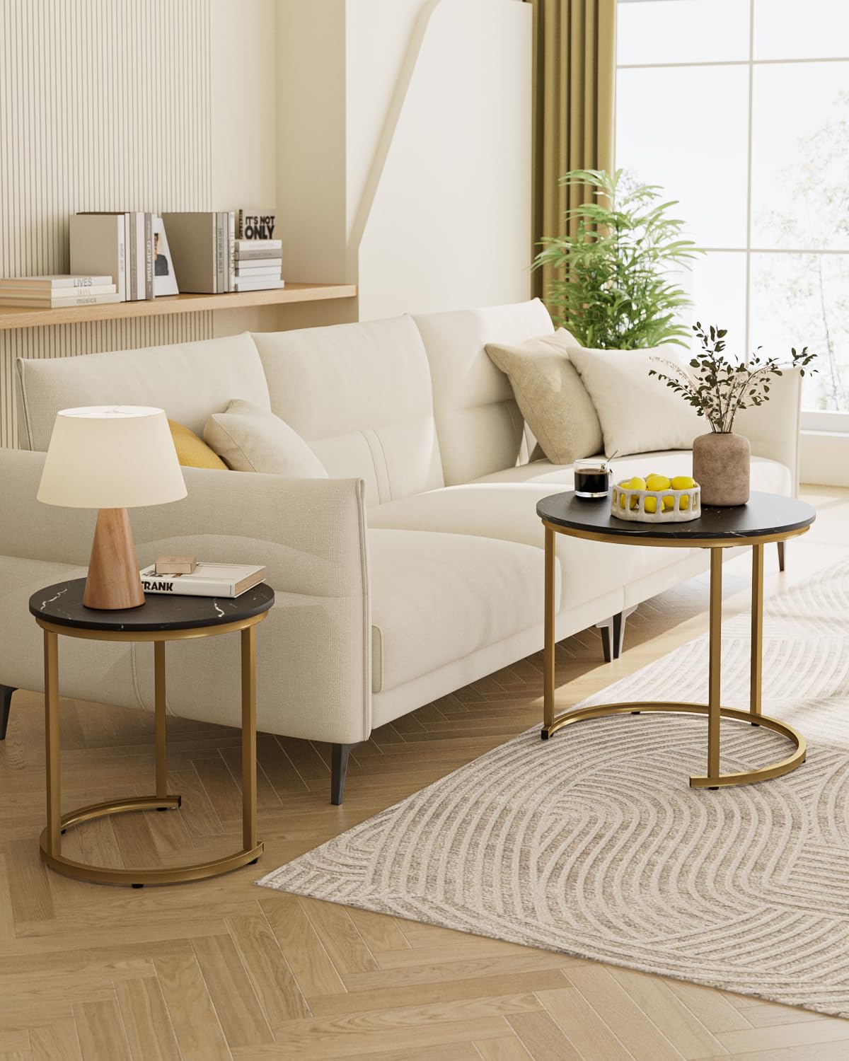 HEYZOEY Round Coffee Tables, Removable Set of 2 End Table, Nesting Table, Side Table with Gold Metal Frame Legs and Marble Black Top for Living Room