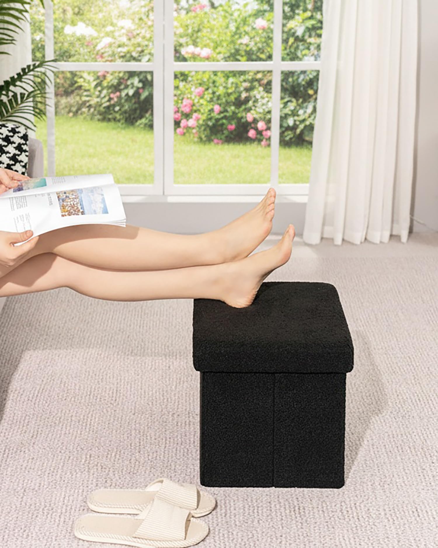 Bonlife Ottoman Seat with Storage,Folding Small Footstool for Living Room,Cube Toy Chest Box,Foot Rest,Sherpa Fabric,Black,42x32x32cm