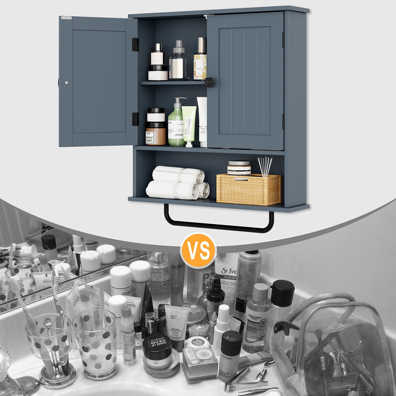RRX Bathroom Cabinet Wall Mounted Medicine Cabinets with Towels Bar (Gray)