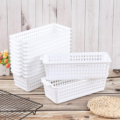 Hayixia 12 Pack Slim Plastic Storage Baskets, Small Organizing Basket Set, White