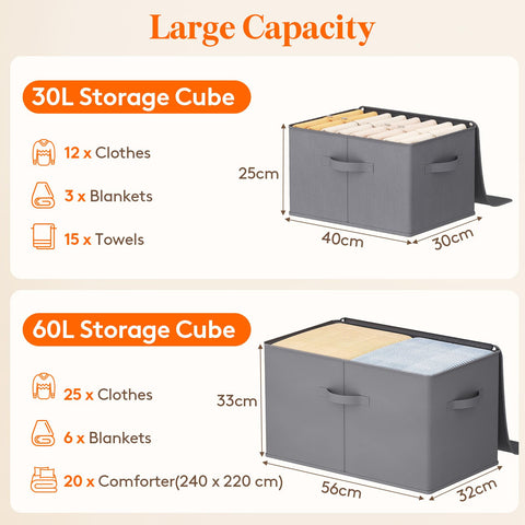 Lifewit Wardrobe Storage Box with lid, 30L, 40x30x25 cm, Grey, 3 Pack