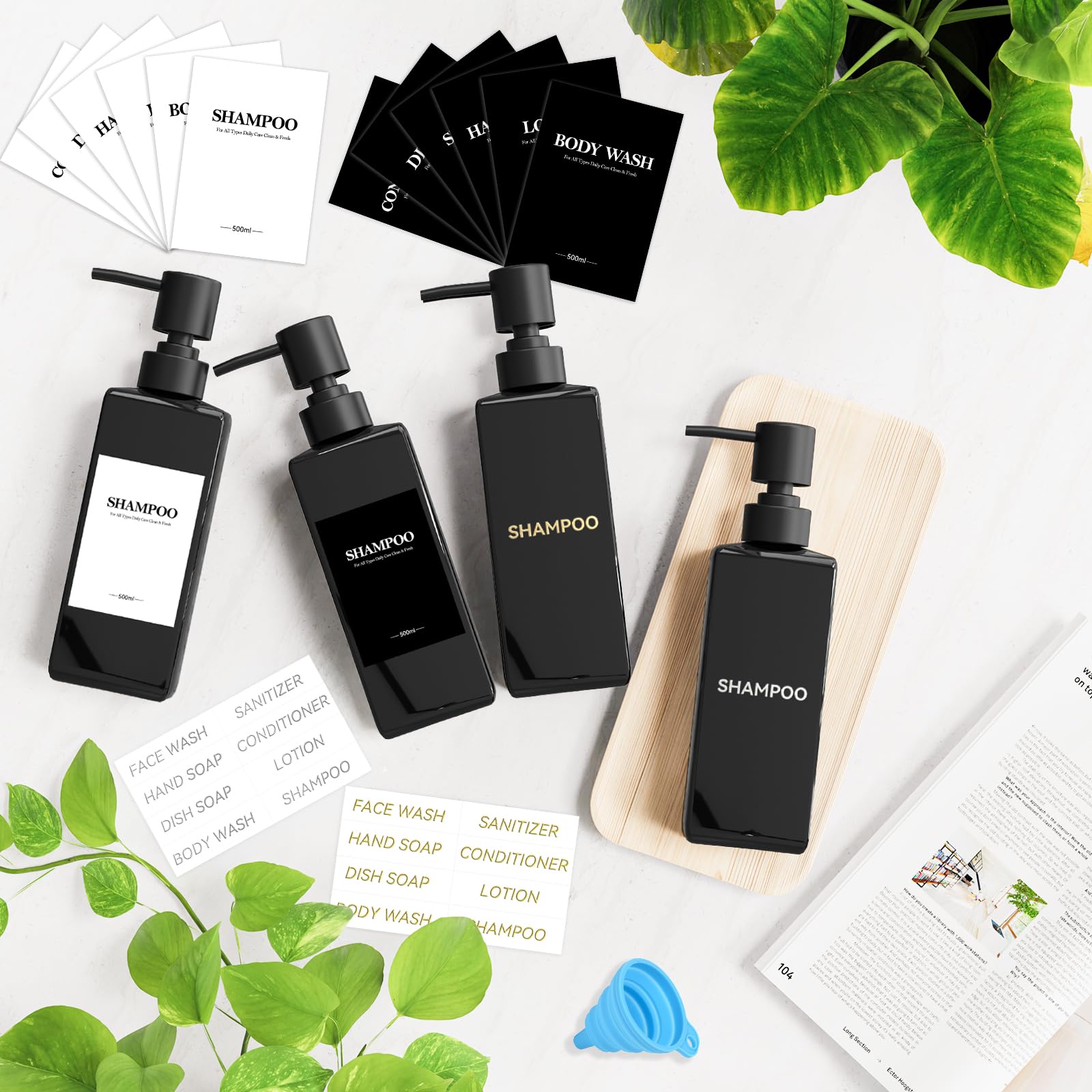 Set of 4 Plastic Shampoo Bottles for Filling, 500 ml Soap Dispenser Bottles Shampoo Dispenser Black Pump Dispenser with Funnel and Waterproof Labels