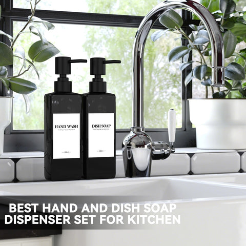 Set of 4 Plastic Shampoo Bottles for Filling, 500 ml Soap Dispenser Bottles Shampoo Dispenser Black Pump Dispenser with Funnel and Waterproof Labels