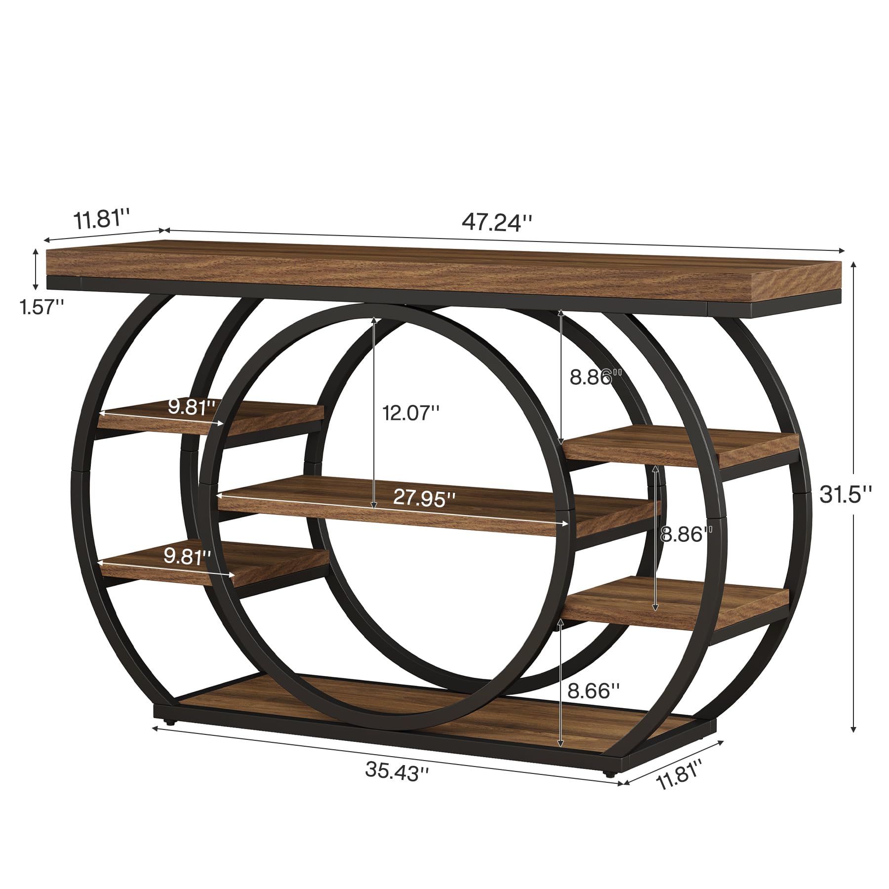 Tribesigns Circle Base Console Table | Narrow Entryway Table 120x30x80cm | 4-Tier Storage Shelf | Industrial Farmhouse Hallway Sofa Table,Rustic