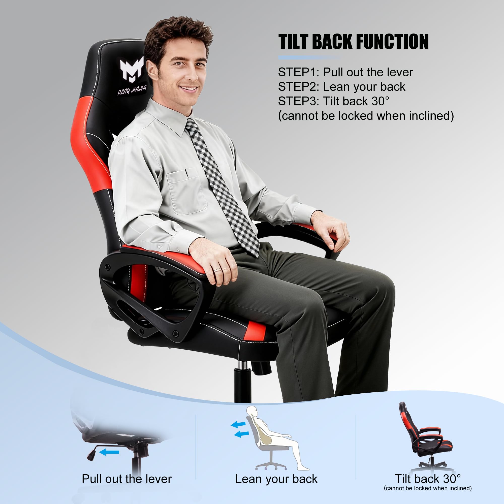Play haha.Ergonomic high back seat with breathable mesh insert padded armrests tilt adjustment durable base lumbar support Faux leather surface for