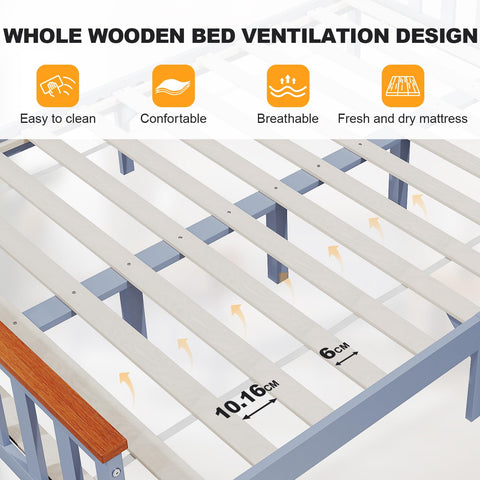 ELEGANT Double Solid Wood Bed Frame with Slatted Headboard 4ft6, 137x190cm