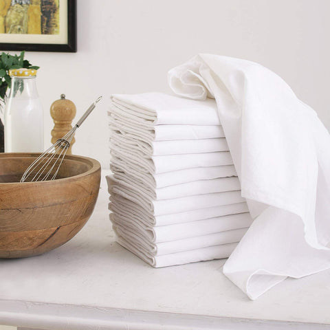 DG Collections Flour Sack Dish Towels, 100% Cotton, Set Of 12 (27 X 27 Inches), Vintage Multi-Purpose White Kitchen Towels, Very Soft