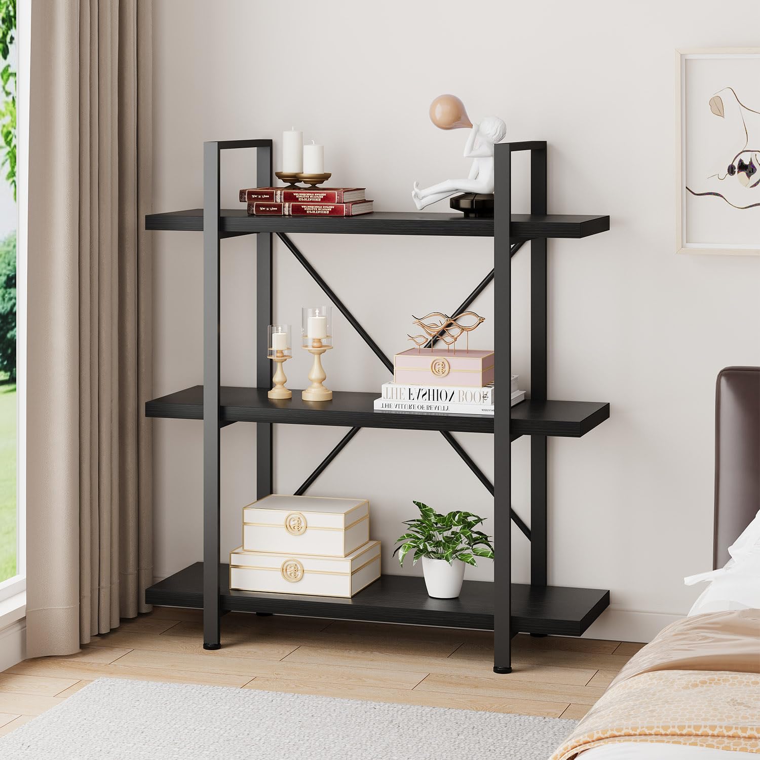 HSH 3 Tier BookShelf Farmhouse Storage Bookcases Modern Shelf Black Oak