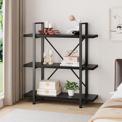 HSH 3 Tier BookShelf Farmhouse Storage Bookcases Modern Shelf Black Oak