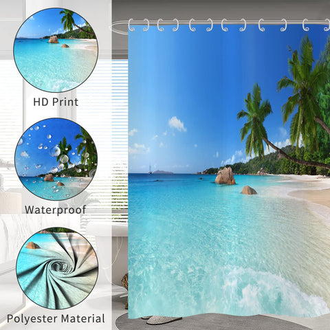 Hnmdmyi Ocean Beach Shower Curtain 165x180, Tropical Palm Trees Seaside Island Blue Sky Hawaiian Landscape Bathroom Curtains with Hooks Waterproof