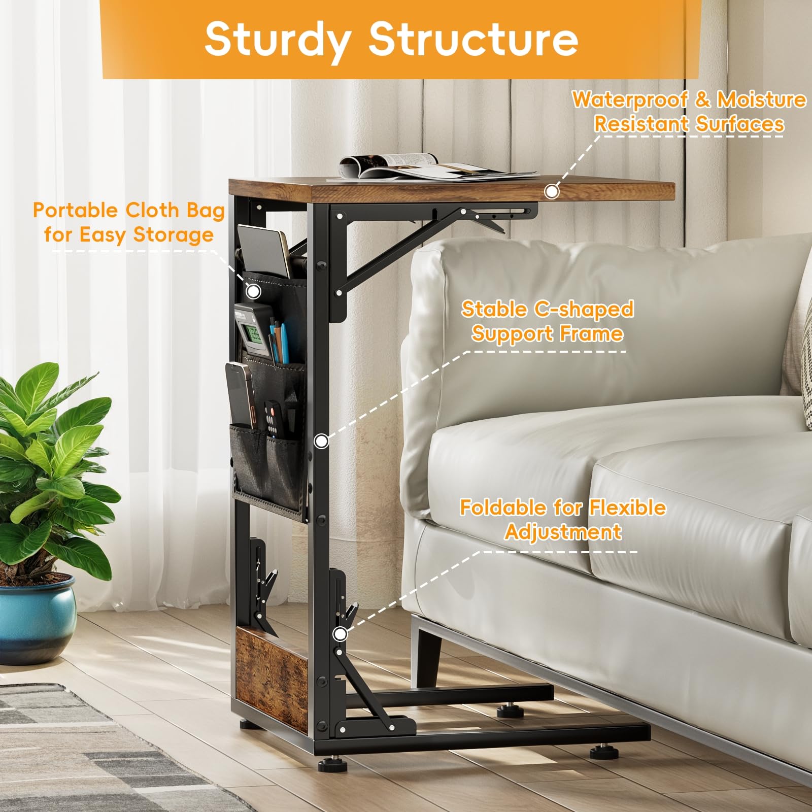 Mutool C-Shaped Sofa Table, Foldable Side Table Bedside Table with Storage Bag, Metal Frame Coffee Table for Living Room Bedroom Office (Rustic Brown)