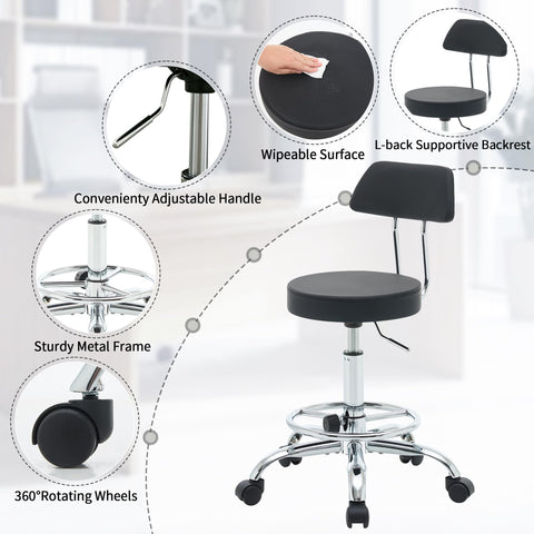 FIRAVOE Adjustable Rolling Office Stool Chair with Backrest and Footrest, Swivel Drafting Chair with Wheels