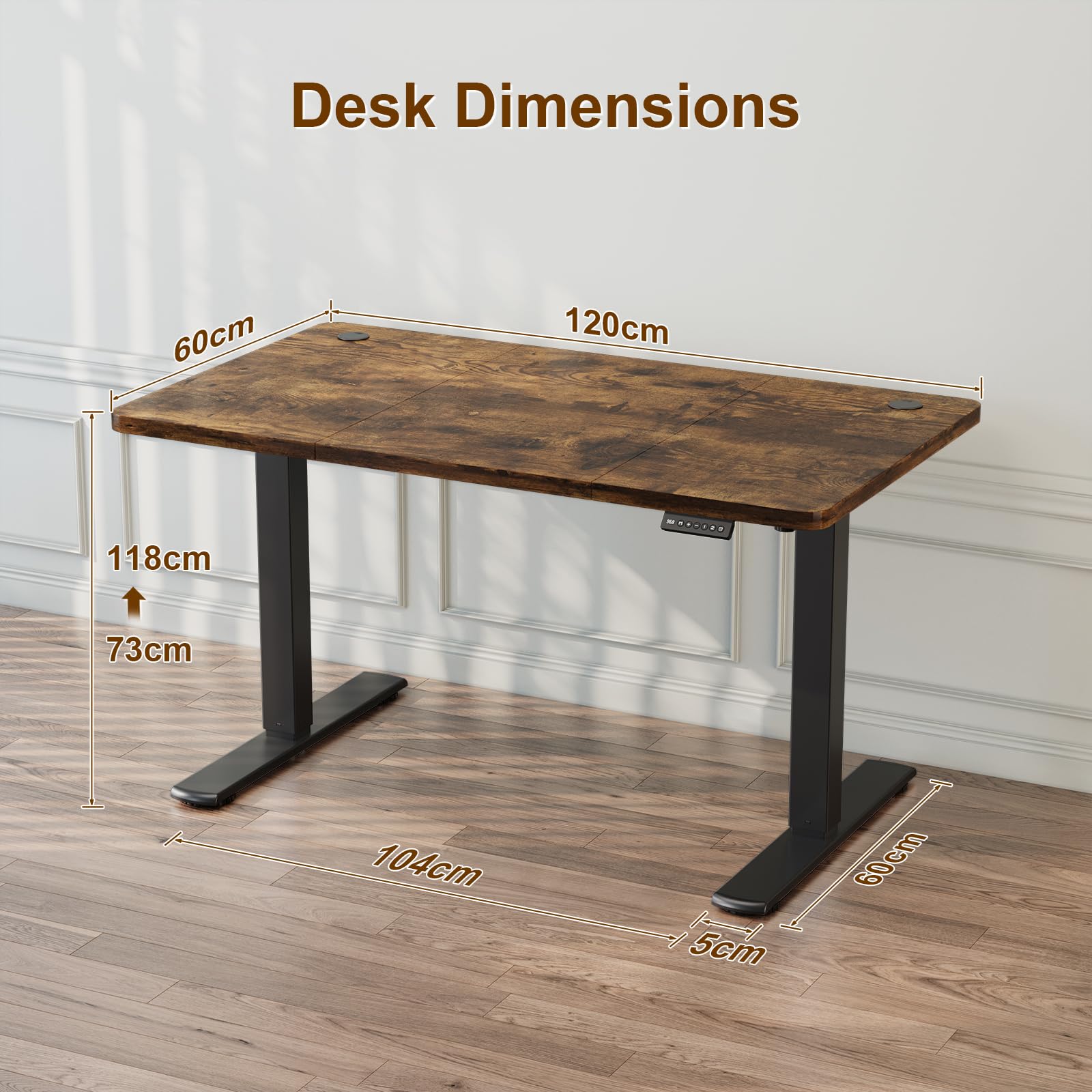 JUMMICO Electric Desk Height Adjustable with USB Charging Port, Height Adjustable Desk, Ergonomic Sit Stand Desks 120 x 60 cm, Brown