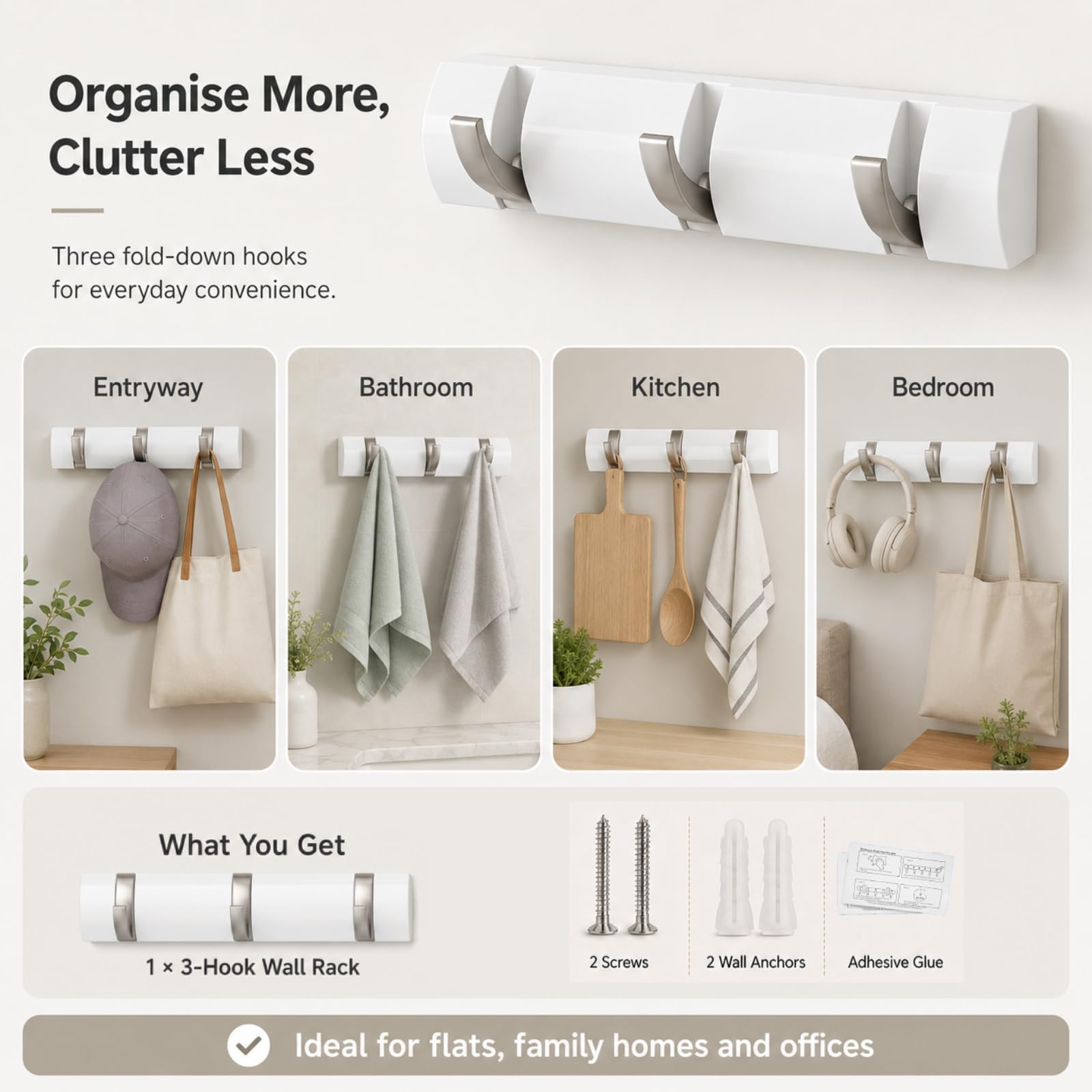 Terilamy Coat Hooks Wall Mounted, Self-Adhesive White Coat Hooks, Foldable Wall Hook with 3 Hooks, Space-Saving Coat Hanger