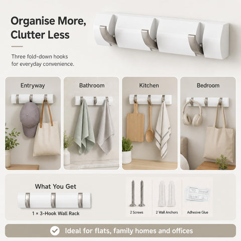Terilamy Coat Hooks Wall Mounted, Self-Adhesive White Coat Hooks, Foldable Wall Hook with 3 Hooks, Space-Saving Coat Hanger