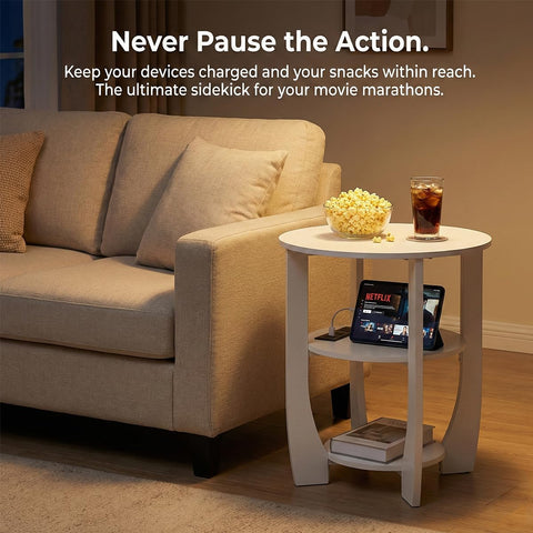 ZEXVIDA 3 Tier Round Side Table with Charging Station, Farmhouse Wood End Tables with Storage