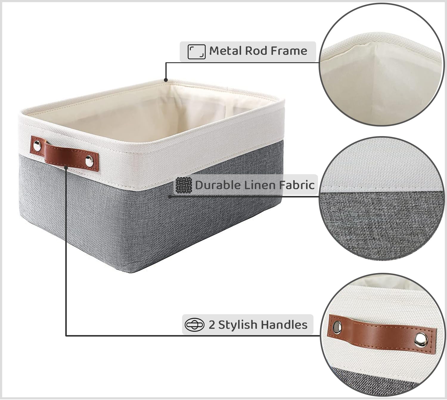 Mangata Woven Fabric Storage Boxes Set of 3, Canvas Storage Organizer for Clothes, Toys, Shelves, Cold Grey&White (Medium, 3Pack)