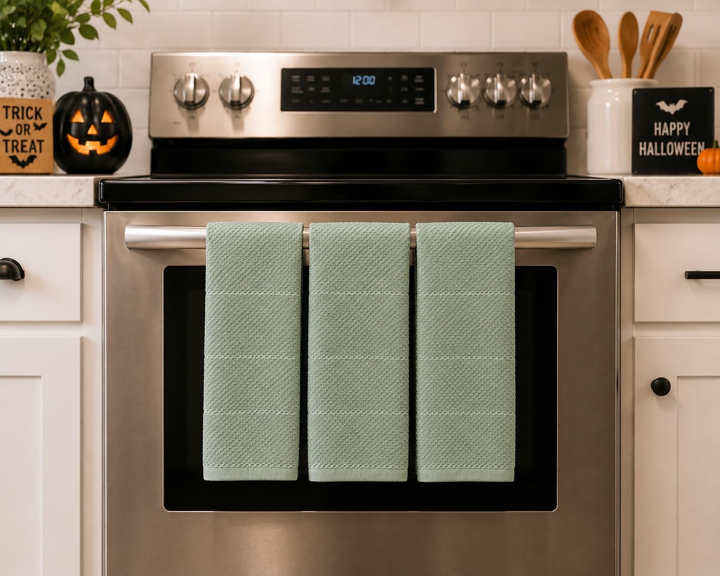 Sage Green Kitchen Dish Towels: 100% Cotton Cloth Soft Cleaning Drying Absorbent Textured Terry Loop, Set of 3 Multipurpose for Everyday Use