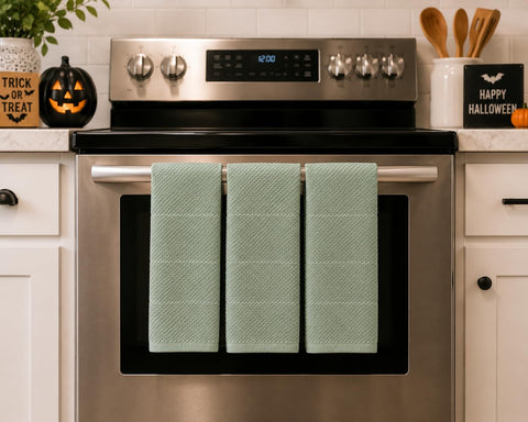 Sage Green Kitchen Dish Towels: 100% Cotton Cloth Soft Cleaning Drying Absorbent Textured Terry Loop, Set of 3 Multipurpose for Everyday Use