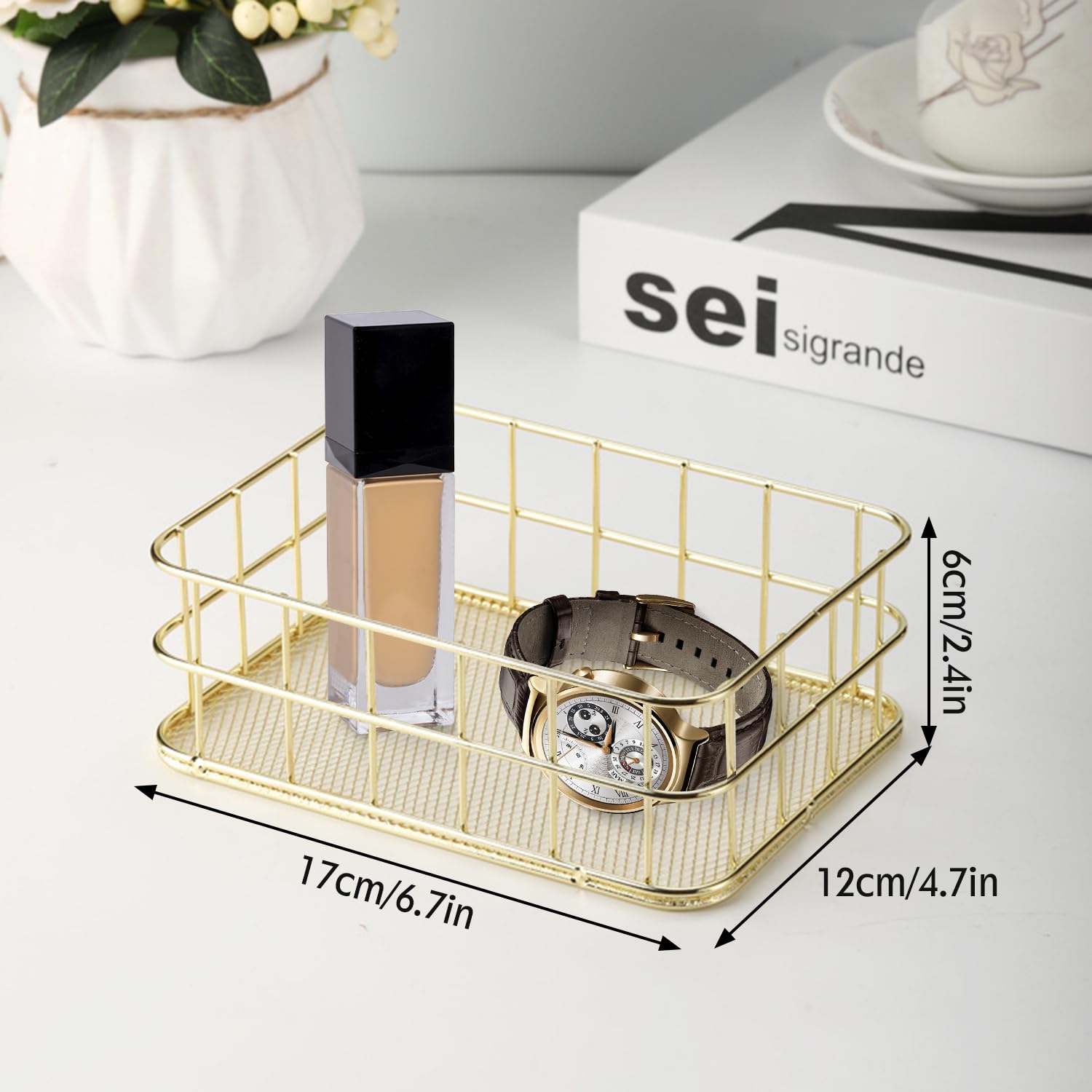Hapivida Wire Storage Basket, 17x12x6cm Golden Desktop Metal Storage Basket Iron Grid Storage Tray Net Organizer Bins for Kitchen, Pantry, Bathroom