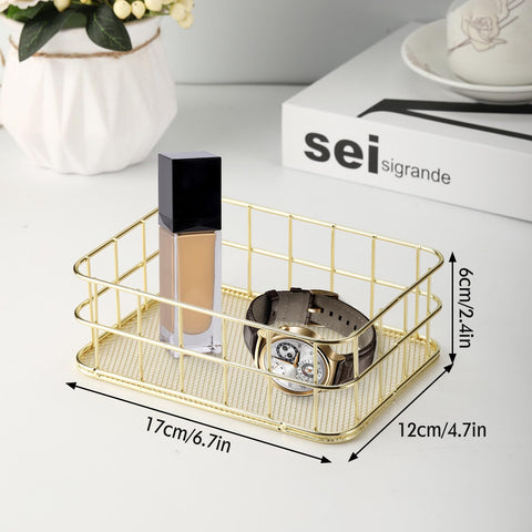 Hapivida Wire Storage Basket, 17x12x6cm Golden Desktop Metal Storage Basket Iron Grid Storage Tray Net Organizer Bins for Kitchen, Pantry, Bathroom