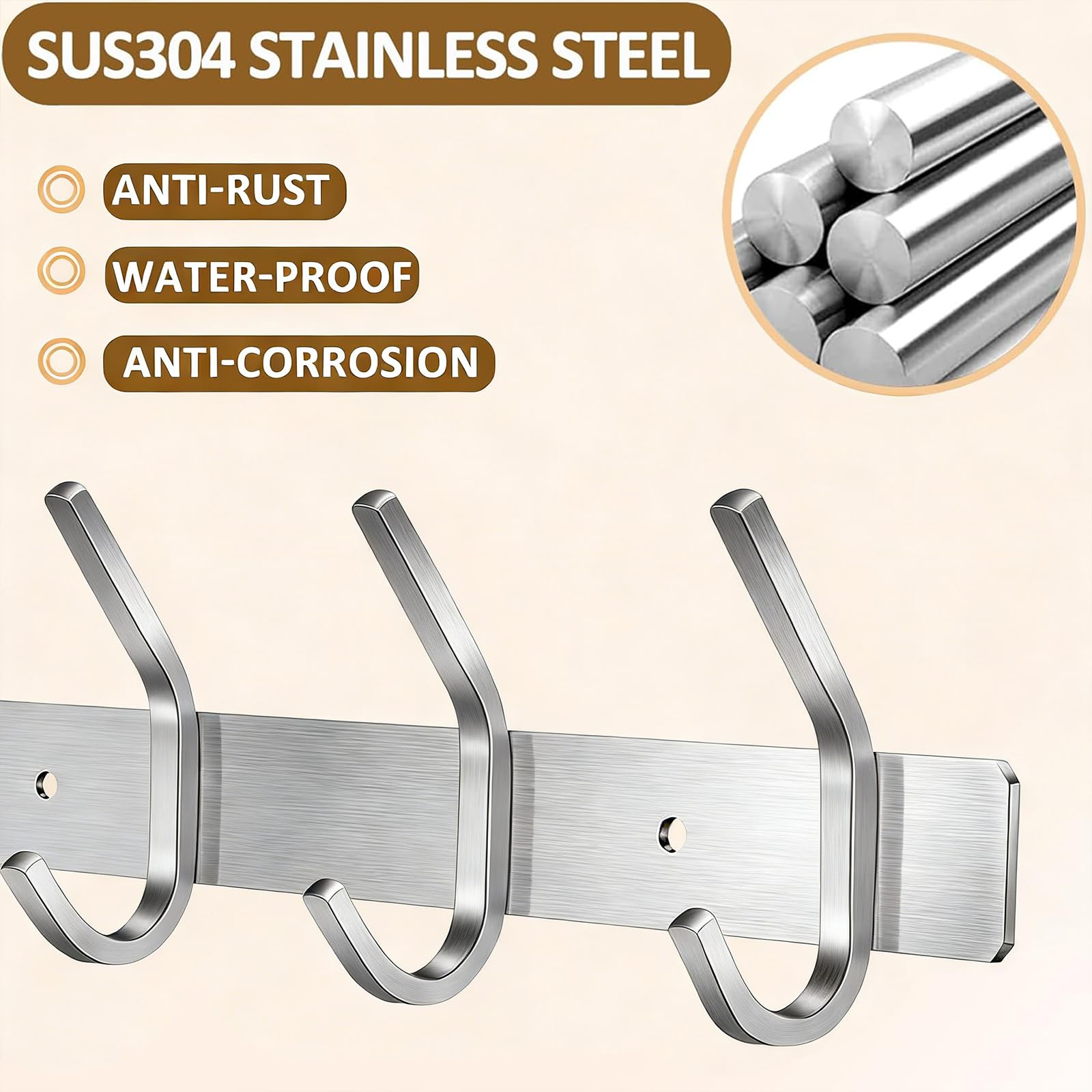 JOLY FANG Coat Hooks Wall Mounted - 2 Packs Wall Coat Rack Stainless Steel with 6 Hooks, Modern Wall Coat Hanger for Bedroom, Kitchen & Entryway