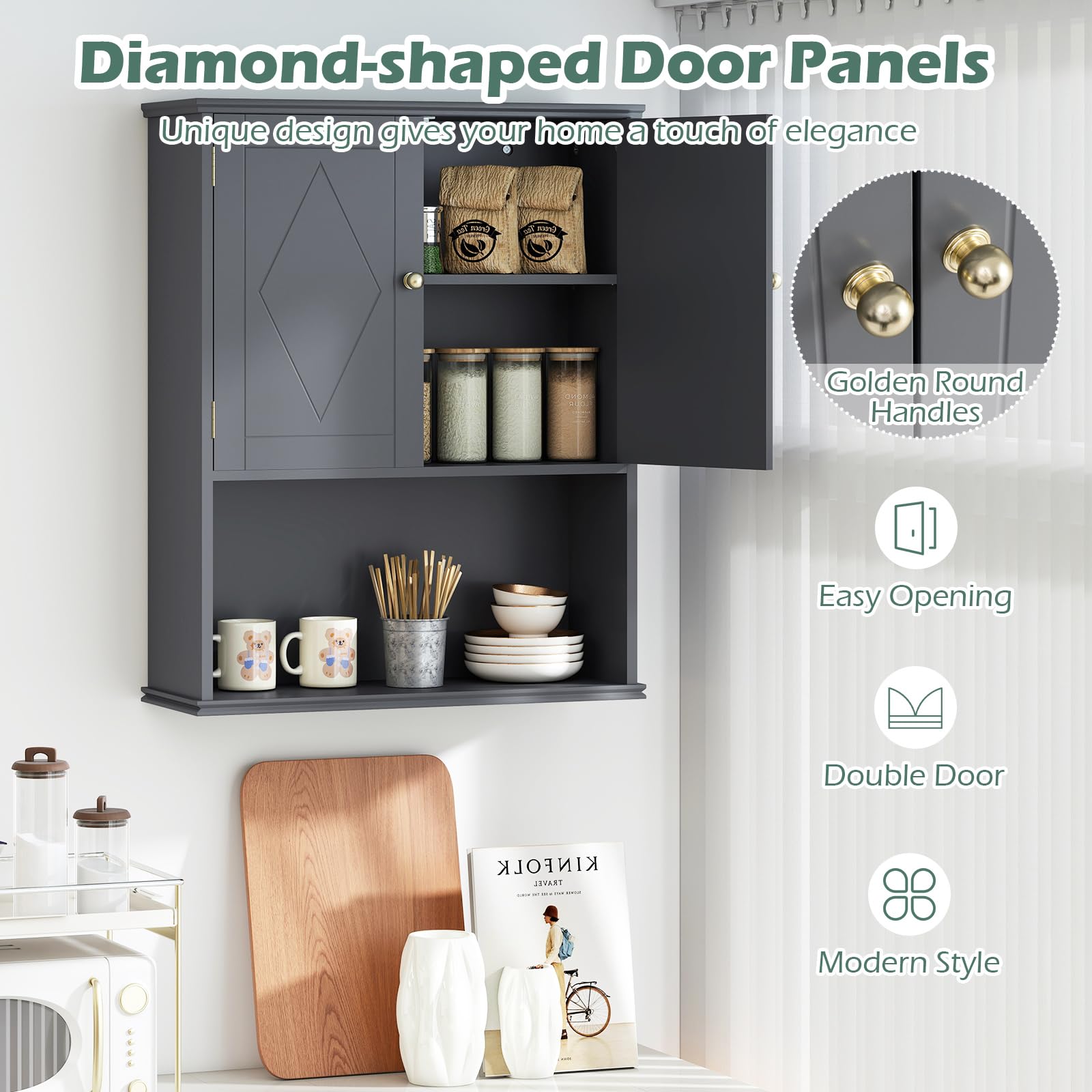 RELAX4LIFE Bathroom Cabinet Wall Mounted, Modern Bathroom Wall Cabinet with 2 Doors and Adjustable Shelves