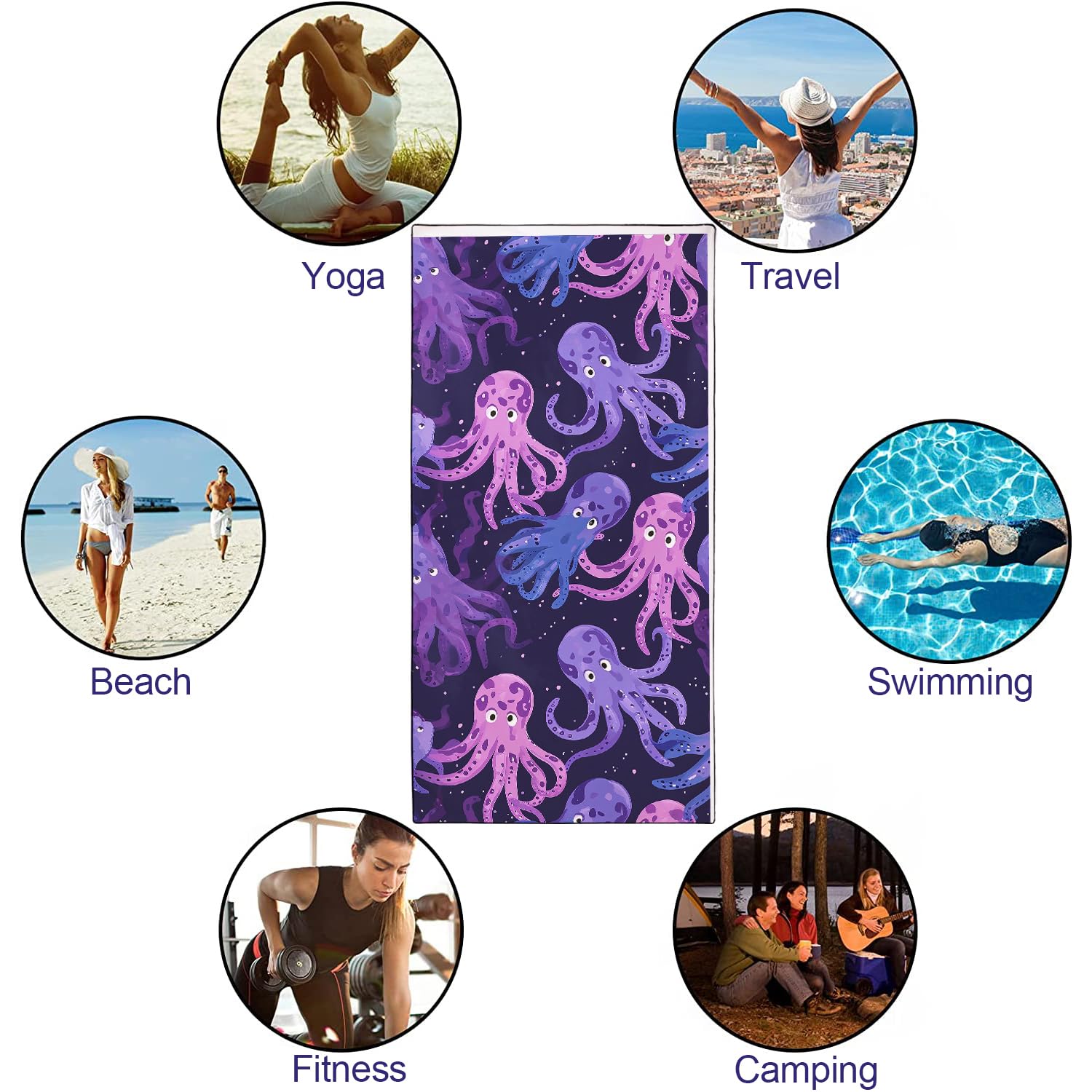 YISUMEI Purple Octopus Beach Towels for Adults Extra Large 180 x 90 cm, Microfibre Quick Dry Towel for Travel Swimming Camping Sports