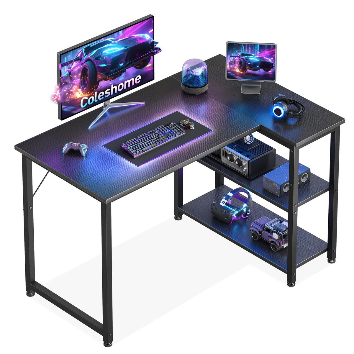 Coleshome L Shaped Gaming Desk for Small Space, 100x70 cm Black