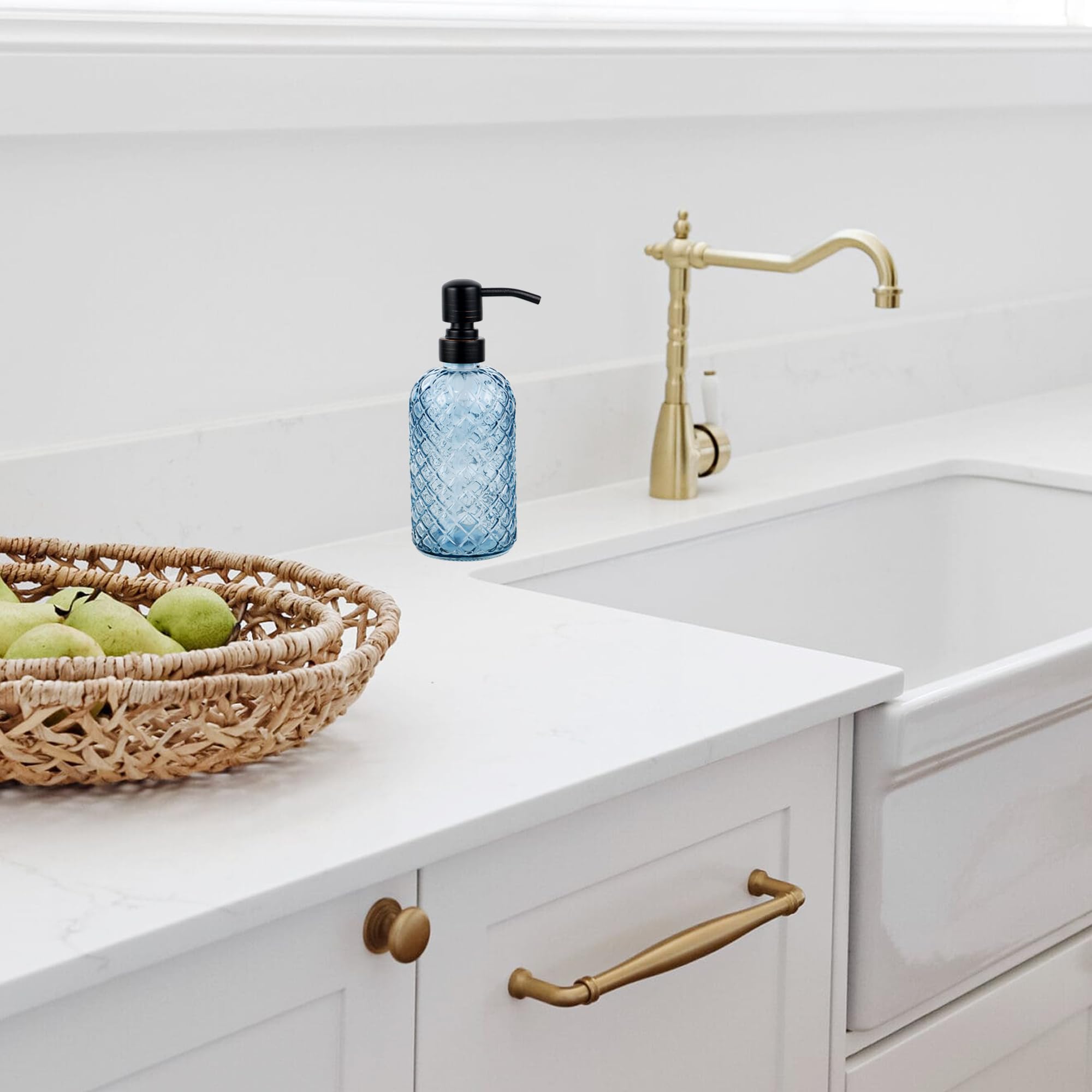SDLumeiy 16 oz Glass Soap Dispenser with Stainless Steel Vintage Brushed Bronze Pump Head, Refillable Gemstone Pattern Dispenser for Hand, Dish