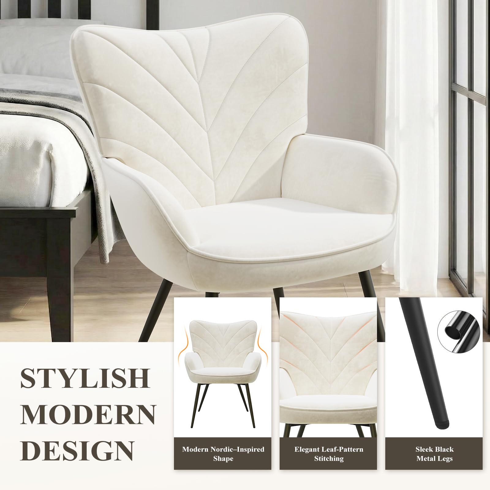 COLAMY Velvet Accent Chair with Black Metal Legs, Modern Armchair with Ergonomic Backrest