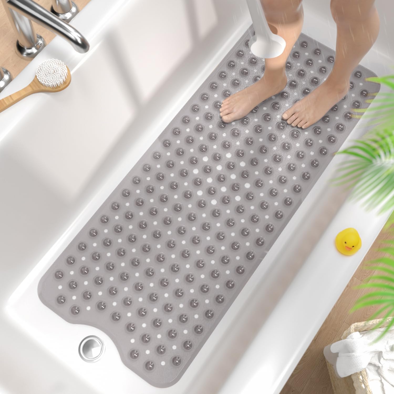 HITSLAM Non Slip Bath Mat for Tub, 101 x 40cm Extra Long Shower Mat Anti Mould, Machine Washable Bathroom Bathtub Mat with Suction Cups and Drain